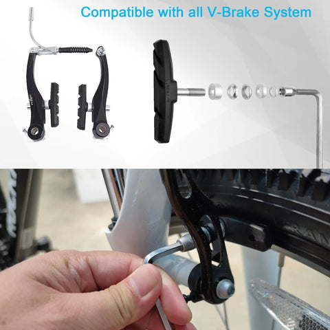 Installation of 2 Pairs 70mm Bike Brake Pads Set For Cruiser And MTB Universal V Brakes With Hex Nut And Shims No Noise No Skid.