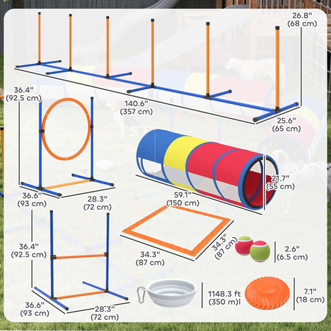 Diagram of All In One Dog Agility Training Set 12 Piece Obstacle Course With Adjustable Hurdle And Ring Four Tunnels Weave Poles Pause Box