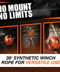 Rhino Pull 1000 Portable Electric Winch With 39 Feet of Synthetic Rope shown in various uses and configurations.
