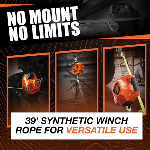 Rhino Pull 1000 Portable Electric Winch With 39 Feet of Synthetic Rope shown in various uses and configurations.