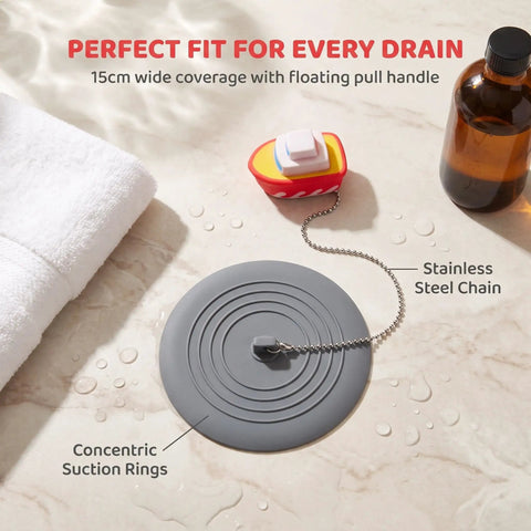 TEHAUX Silicone Bathtub Drain Stopper 6'', Hair Catcher for Bathroom with gray silicone design and stainless steel chain.