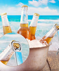 10 Pack Sublimation Bottle Opener Blanks Key Rings Aluminum with icy beer bottles at ocean beach