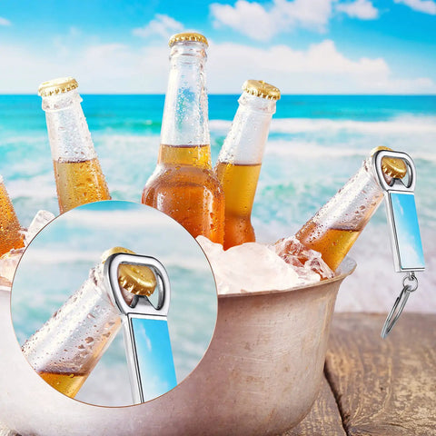 10 Pack Sublimation Bottle Opener Blanks Key Rings Aluminum with icy beer bottles at ocean beach
