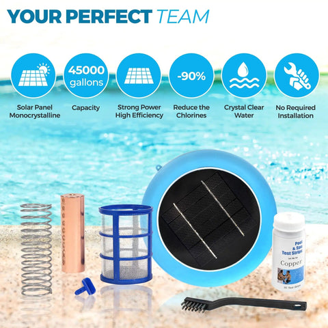 Sun Powered Pool Ionizer with a solar panel, copper anode, filter, test strips, and brush beside a pool.
