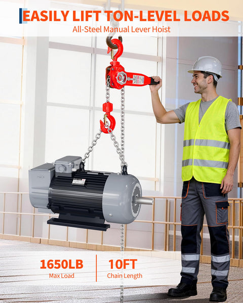 Man using Beefy Heavy Duty Come Along Chain Hoist Three Quarter Ton Ten Ft Lift With G80 Galvanized Chain And Weston Brake