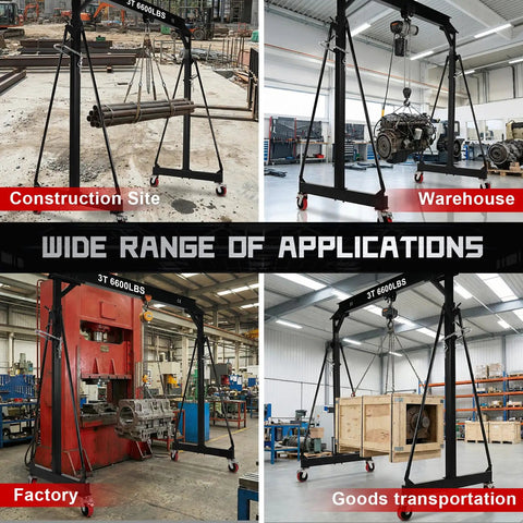 Ridiculously Strong 3 Ton Gantry Crane, Portable Shop Hoist with Wheels, used in construction site and warehouse for lifting.