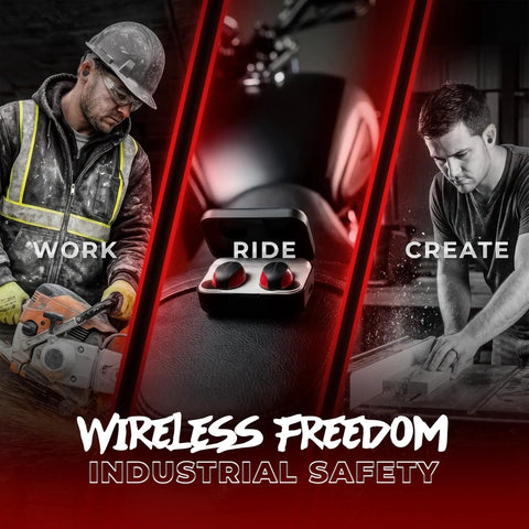 Two Sets True Wireless Earbuds With Infinite Battery Swap For Nonstop Listening Bluetooth Hearing Protection Earphones shown in work, ride, and create scenes.