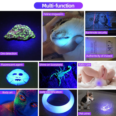 Multiple uses of Blacklight UV Flashlight 395nm 3 LED Ultraviolet Black Light Rechargeable for stains, scorpion hunting, etc.