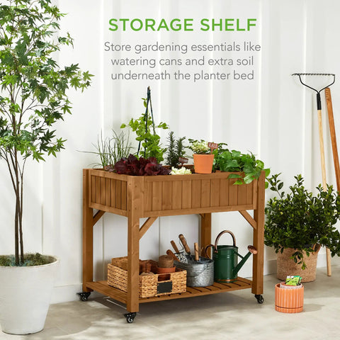 Elevated Eight Pocket Garden Bed With Locking Wheels Mobile Raised Planter For Herbs Vegetables And Flowers Acorn Brown