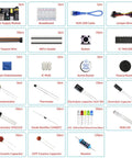 All In One Tinker Ready Starter Electronics Kit With Power Supply Module Breadboard 300 Plus Components Jumpers LEDs Resistors And More For Fun DIY Projects Safely Packed In A Sturdy Box components overview