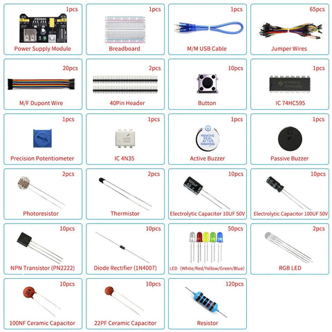 All In One Tinker Ready Starter Electronics Kit With Power Supply Module Breadboard 300 Plus Components Jumpers LEDs Resistors And More For Fun DIY Projects Safely Packed In A Sturdy Box components overview