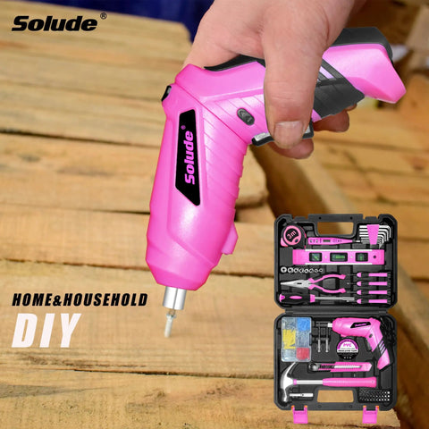 Person holding pink cordless screwdriver from Pink Tool Set For Women 130 Piece Home Toolkit With 3.6V Cordless Rechargeable Screwdriver Essential Household Tools For New Homes Apartments College Dorms DIY Projects And Everyday Fixes.