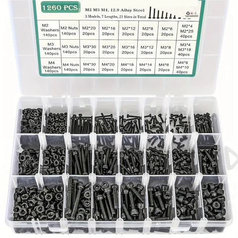 Massive 1260 Piece Metric Bolt Kit With M2 M3 M4 Fasteners, 21 Sizes From 4mm To 30mm, Alloy Steel Hex Bolts Nuts Washers Set For DIY Projects And Repairs, Built Tough For Everyday Fixes, organized in case