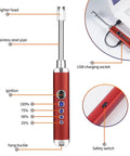USB lighter with labeled parts including lighter head, stainless steel pipe, ignition levels, safety switch visible near camping stove