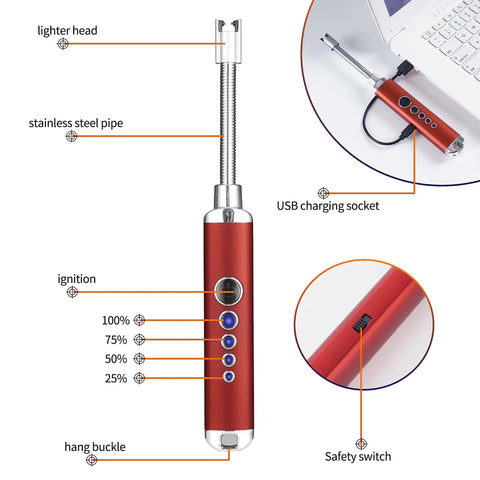 USB lighter with labeled parts including lighter head, stainless steel pipe, ignition levels, safety switch visible near camping stove