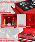 Rolling Garage Tool Organizer With Detachable 3 Drawer Chest And Large Storage Cabinet Adjustable Shelves Red Steel Build For Heavy Duty Shop Organization And Portable Tool Box showing open drawers and tools