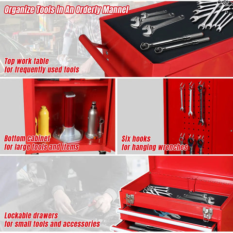 Rolling Garage Tool Organizer With Detachable 3 Drawer Chest And Large Storage Cabinet Adjustable Shelves Red Steel Build For Heavy Duty Shop Organization And Portable Tool Box showing open drawers and tools