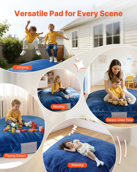 Big 5x5 Ft Sensory Crash Pad For Kids With Foam Blocks And Washable Cover Giant Soft Foam Landing Mat For Jumping Climbing Relaxing And Play In The Sensory Room Durable Cushioned Safety Pad For Home Gym, blue crash pad with kids jumping and resting