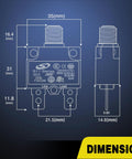 Technical diagram of 5 Pack Thermal Circuit Breaker Kit With 5A 10A 15A 20A 30A Ratings, dimensions labeled in millimeters.