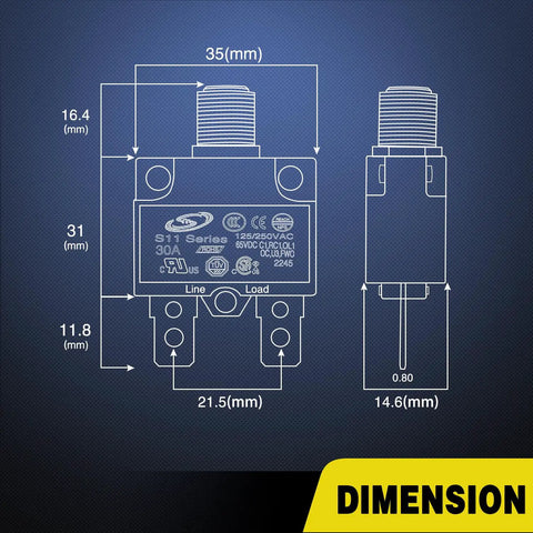 Technical diagram of 5 Pack Thermal Circuit Breaker Kit With 5A 10A 15A 20A 30A Ratings, dimensions labeled in millimeters.