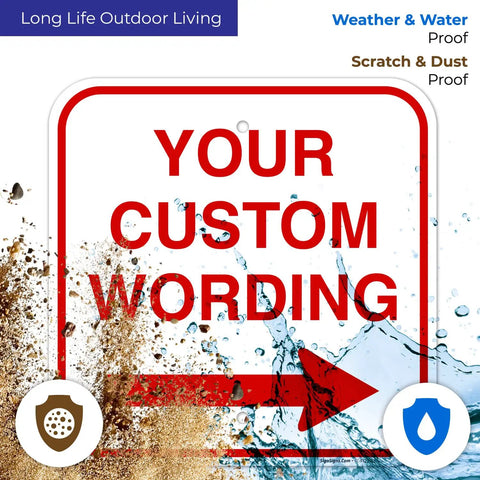 Customizable Square Left Or Right Arrow Sign For Office And Biz, Personalize With Your Wording, Durable American-Made Industrial Grade Directional Sign For Safety, Info, And Fun Office Decor. Square personalized aluminum arrow sign with red right arrow and custom wording