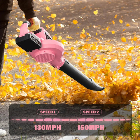 Cordless 20V Leaf Blower with 2.0Ah batteries and charger, 150 MPH turbo mode, dual speed, pink finish, blowing leaves on path.