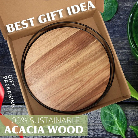 12 Inch Acacia Wood Lazy Susan Turntable With Steel Sides A Solid Kitchen Organizer in gift box