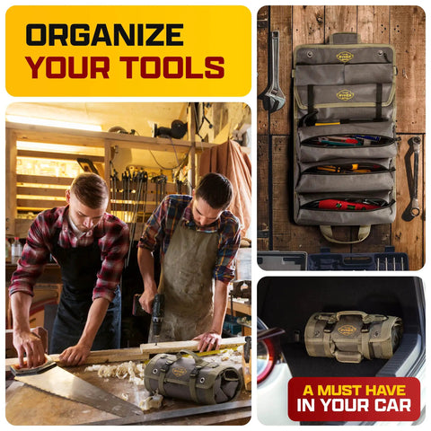 Pro Tool Bag Organizer Foldable Roll Up with detachable pouches, wrench holder, canvas, showing use in workshop and car.
