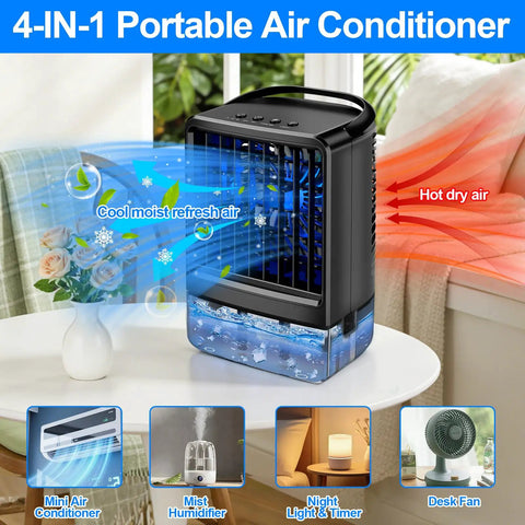 Ultimate Portable Air Conditioner Mini Personal AC For Desk And Bedroom, showing cooling effects and mist humidifier features.