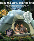 Go To Family Size Four Person Camping Tent With Ultra Spacious Extended Floor Design shown with mosquito protection in forest setting.