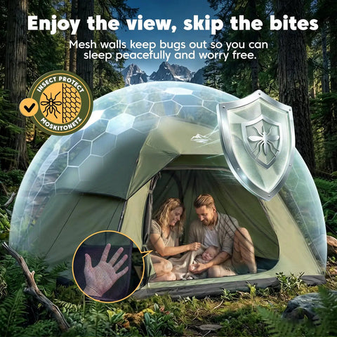 Go To Family Size Four Person Camping Tent With Ultra Spacious Extended Floor Design shown with mosquito protection in forest setting.
