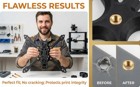 Image of a man holding a 3D printed part demonstrating flawless results from using the Pro Grade M3 Threaded Inserts Kit for 3D Printing.