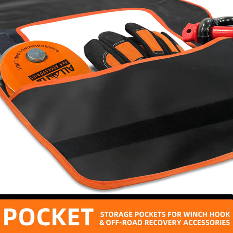 Vinyl Winch Cable Damper With High Visibility Reflective Strip For Safe Recovery shown with storage pockets and gloves.