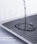 100W 12V Flexible Solar Panel for Off Grid Rigs and Marine Gear shown with water streaming over monocrystalline cells