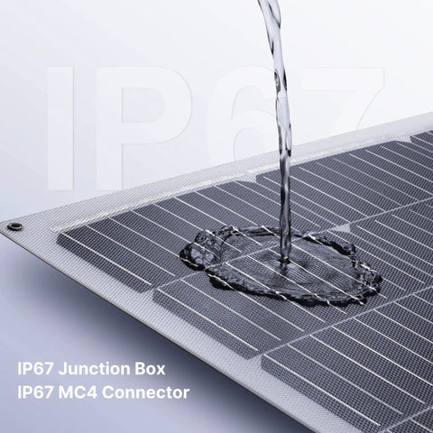 100W 12V Flexible Solar Panel for Off Grid Rigs and Marine Gear shown with water streaming over monocrystalline cells