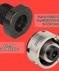 Three And A Half Inch Self Centering Wood Lathe Chuck Set With Round Jaw Mount Includes Step Jaw Pin Jaw Wide Jaw And Adapter Converting 1 By 8 TPI To 3 By 4 TPI Plus Tightening Gear Key T Allen Wrench And Worm Screw Nickel Coated Chuck Body adapter and chuck on red background