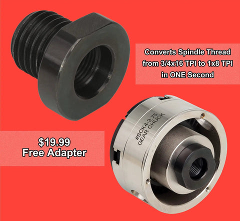 Three And A Half Inch Self Centering Wood Lathe Chuck Set With Round Jaw Mount Includes Step Jaw Pin Jaw Wide Jaw And Adapter Converting 1 By 8 TPI To 3 By 4 TPI Plus Tightening Gear Key T Allen Wrench And Worm Screw Nickel Coated Chuck Body adapter and chuck on red background