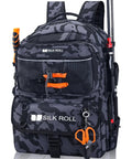 50L Fishing Tackle Backpack With Built In Rod Holder Water Resistant Outdoor Gear, camo design, front view with rod and accessories