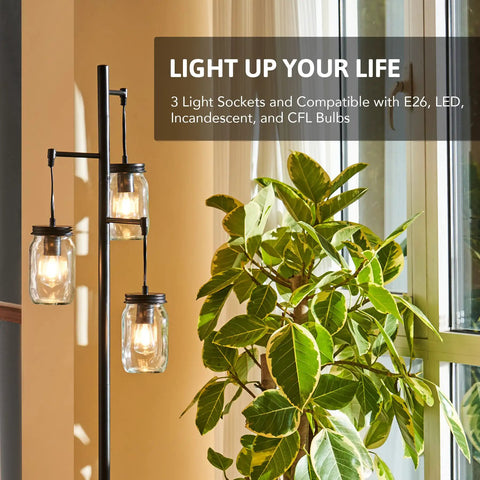 Industrial Floor Lamp With Mason Jar Base And Hanging Glass Shades In A Dope Modern Tree Design Five Foot Tall Reading Light