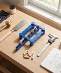 Dead Nuts Precise Aluminum Dowel Jig Kit With Self Centering Drill Guides on a workbench, showcasing alignment and woodworking tools.