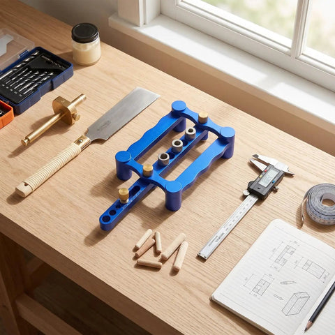 Dead Nuts Precise Aluminum Dowel Jig Kit With Self Centering Drill Guides on a workbench, showcasing alignment and woodworking tools.