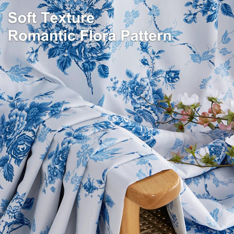 Blue Floral 100 Percent Blackout Curtains 2 Panels With Grommet Top 84 Inches Long Thermal Window Treatments Rose Pattern Sound Reducing For Living Room OEKO TEX Certified W52 X L84 showing soft fabric texture and romantic floral design.