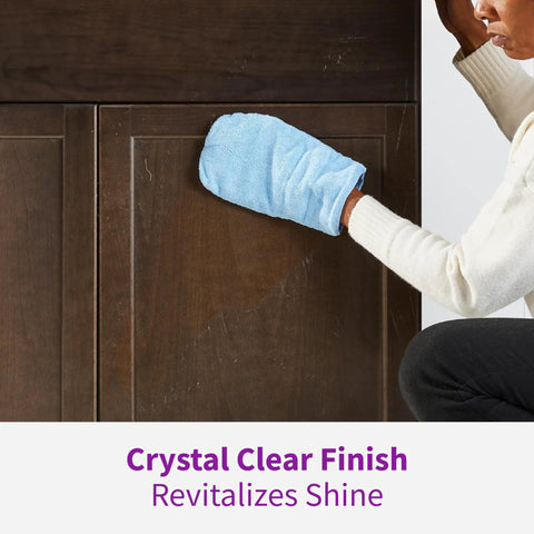 Person using blue cloth to apply Cabinet And Furniture Restorer For Scratch Fills, Crystal Shine Finish, And Long Lasting Protection