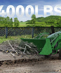 Beefy Clamp On Debris Forks For 60 Inch Buckets Heavy Duty 4000 Lbs Quick Attach Pallet Forks in use on green tractor loader