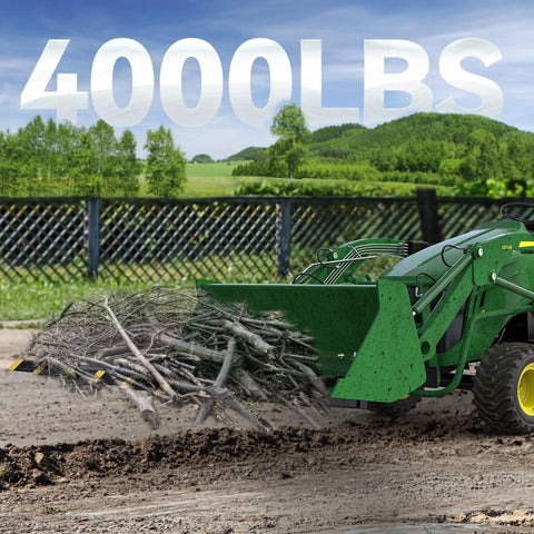 Beefy Clamp On Debris Forks For 60 Inch Buckets Heavy Duty 4000 Lbs Quick Attach Pallet Forks in use on green tractor loader