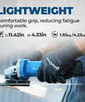4-1/2-Inch Corded Angle Grinder 1100W 11800RPM Pure Copper Motor held by a hand with glove, showcasing ergonomic design for comfort.