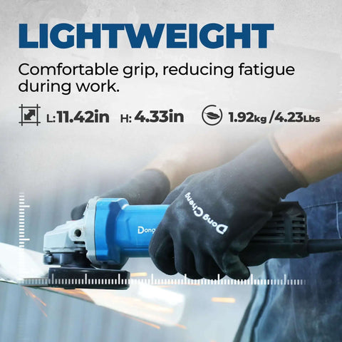 4-1/2-Inch Corded Angle Grinder 1100W 11800RPM Pure Copper Motor held by a hand with glove, showcasing ergonomic design for comfort.