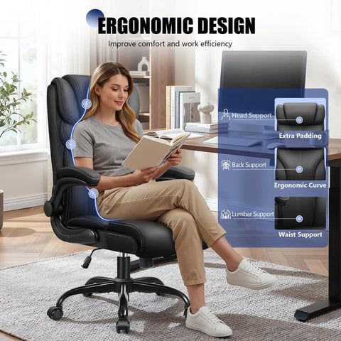 Woman sitting on Ergonomic Leather Office Chair With Flip Up Armrests Big And Tall High Back Executive Computer And Gaming Chair