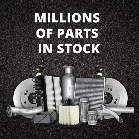 Assorted automotive parts including filters, brake discs, and shocks with 'Millions of Parts in Stock' text on top.