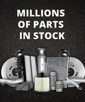 Various automotive parts including filters, pipes, and rotors on asphalt surface with 'Millions of Parts in Stock' text.